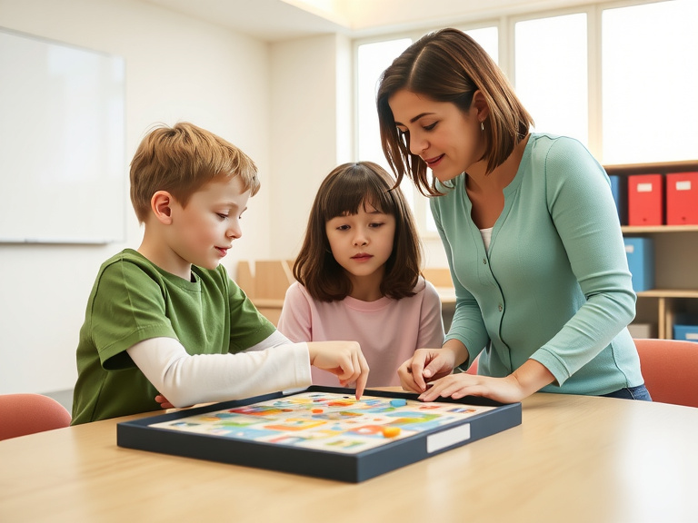 Kinderen leren een bordspel spelen onder begeleiding van een volwassene